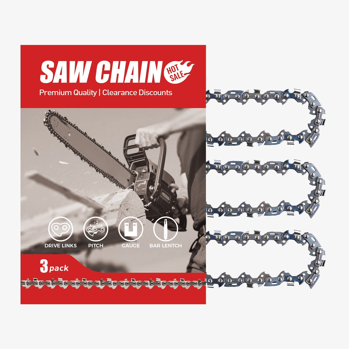 Chainsaw Chain Clearance | 3/8" LP Pitch .043" Gauge  From 33-60 Drive Links (Fit For 8"- 18" Guide Bar) (3 Pack)