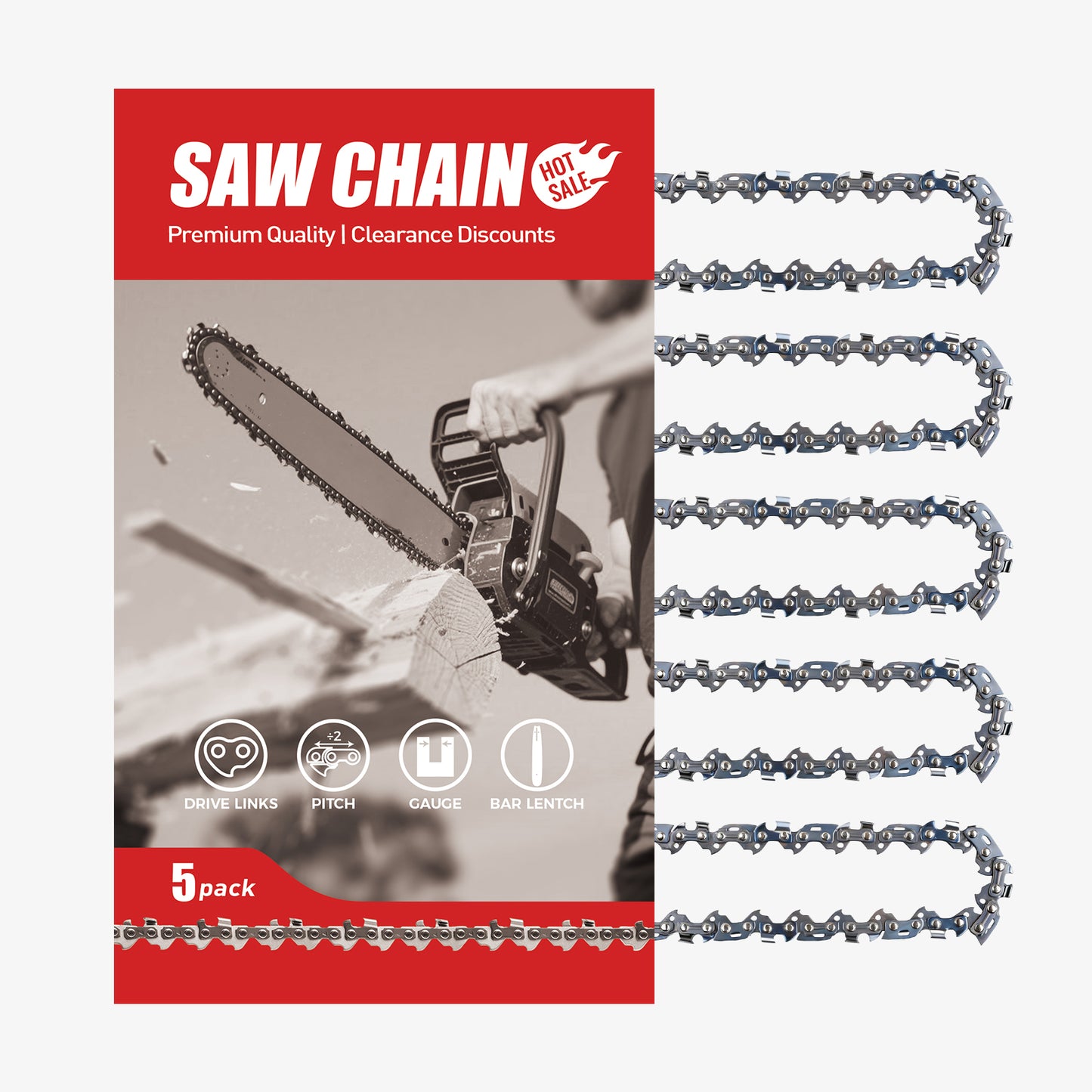 Chainsaw Chain Clearance | 3/8" LP Pitch .043" Gauge  From 33-60 Drive Links (Fit For 8"- 18" Guide Bar) (5 Pack)